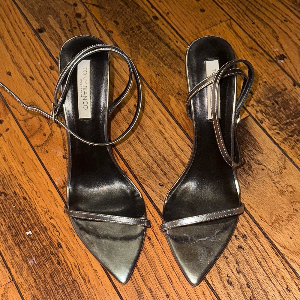 Tony Bianco Black Metallic Ankle Strap Pointed Heels - Picture 2 of 4